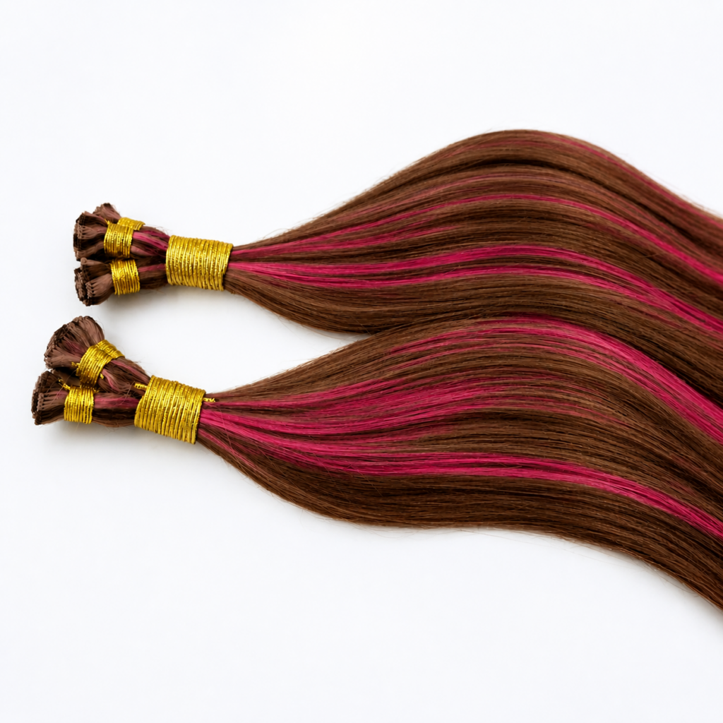 Custom auburn and pink hair-extension bundles for salons