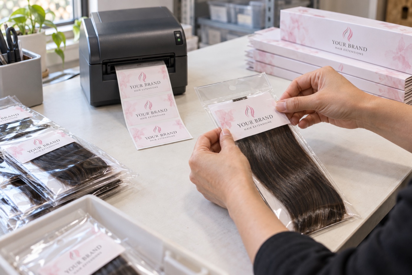 Custom brand labels being printed and applied to hair extension packaging