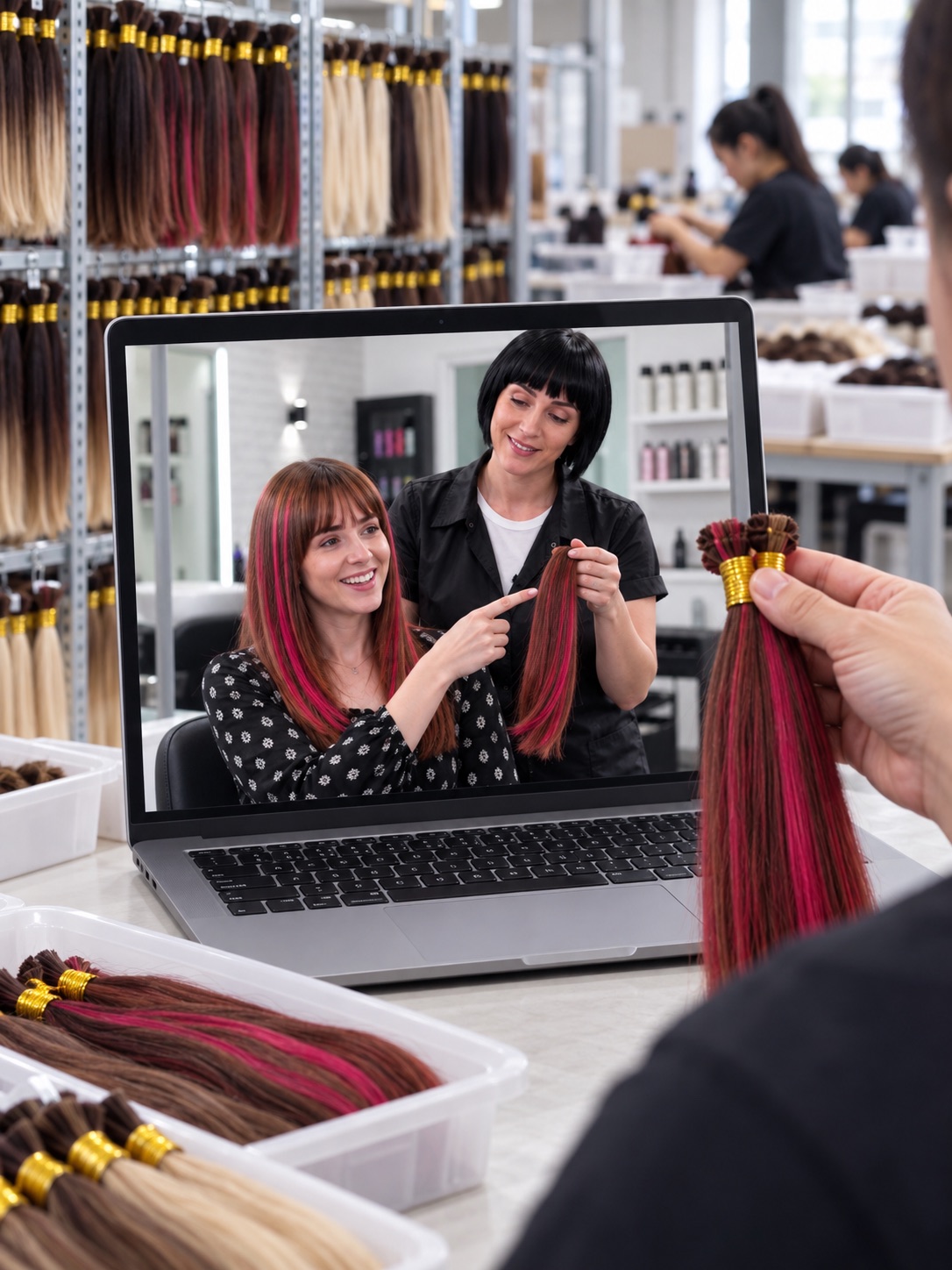 Factory representative showing hair extensions to a customer over a video call