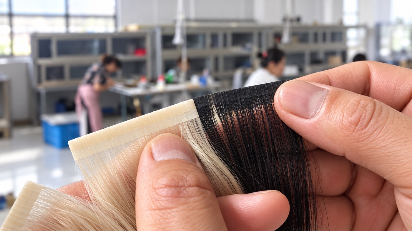 Hands inspecting fine hair extension details during production