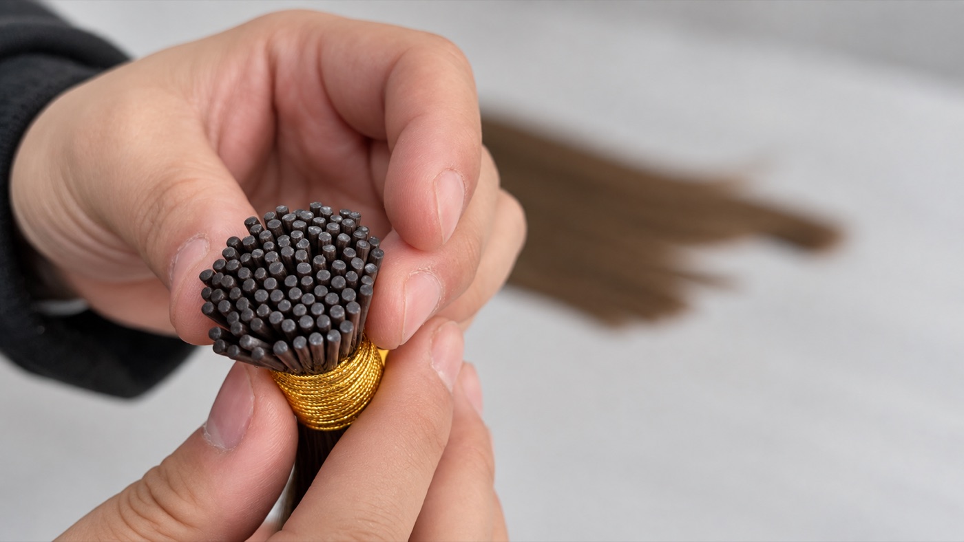 Close-up inspection of finished I-tip hair extensions before shipping