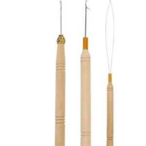 Wooden-Handle Loop and Hook Tool for Hair Extensions